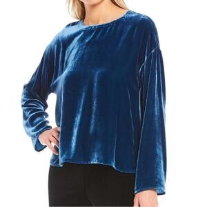 Eileen Fisher | Women’s Blue Velvet Round Neck Box Top Boxy Long Sleeve Blouse S